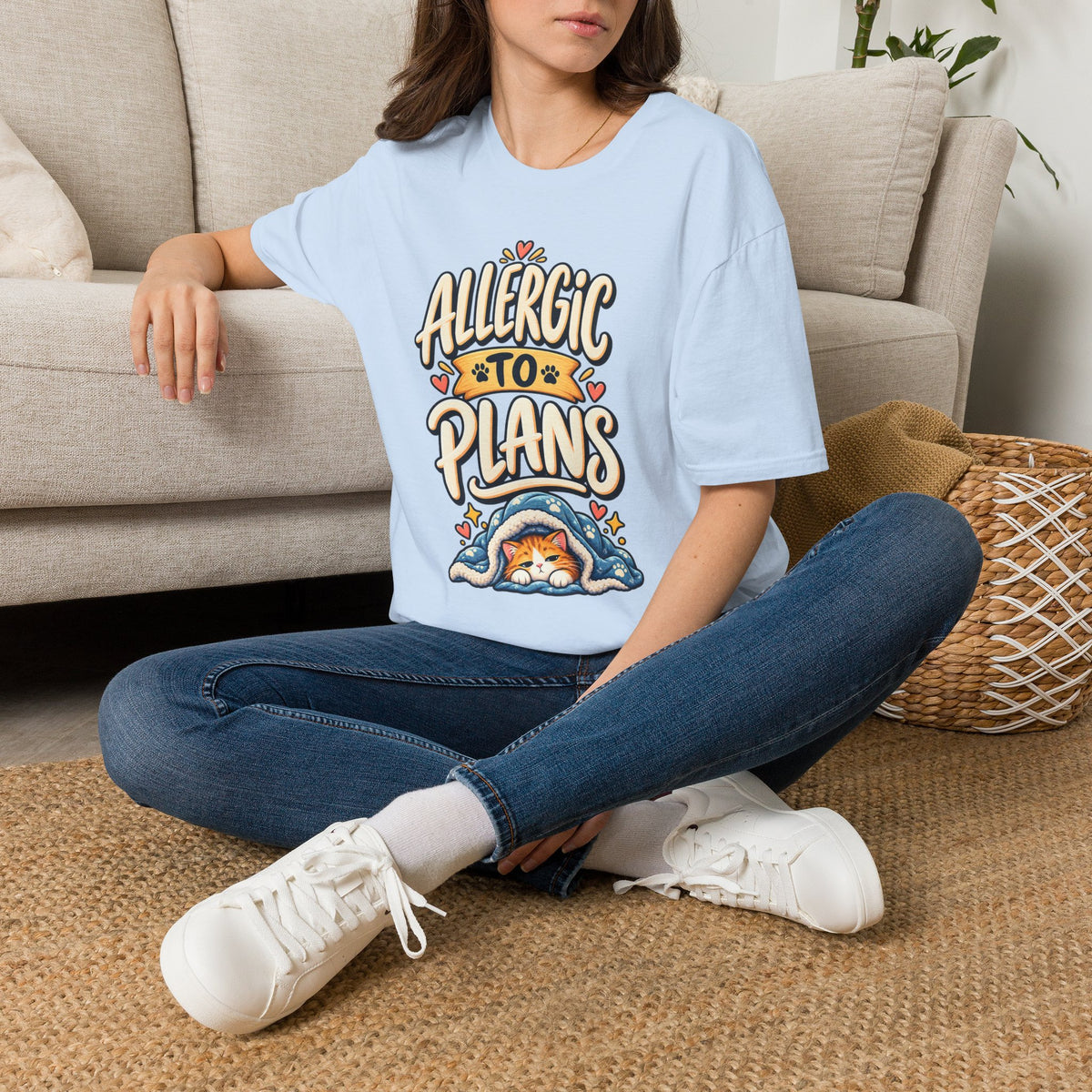 T-Shirt — "Allergic to Plans" Cute Cat Graphic Tee