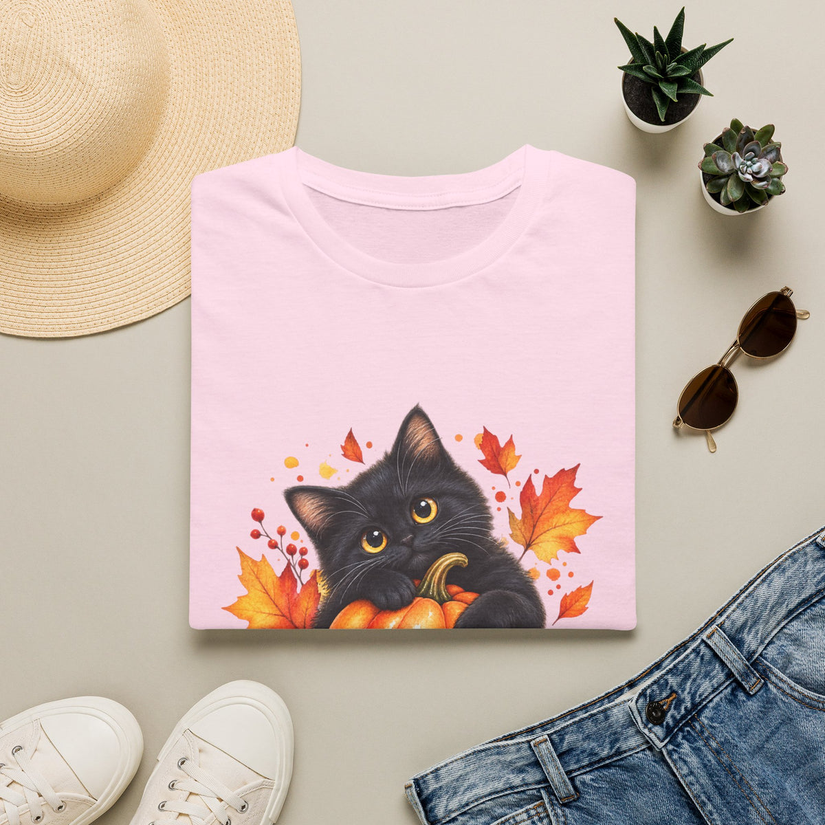Black Cat Pumpkin T-Shirt — Cute Fall Halloween Tee with Autumn Leaves