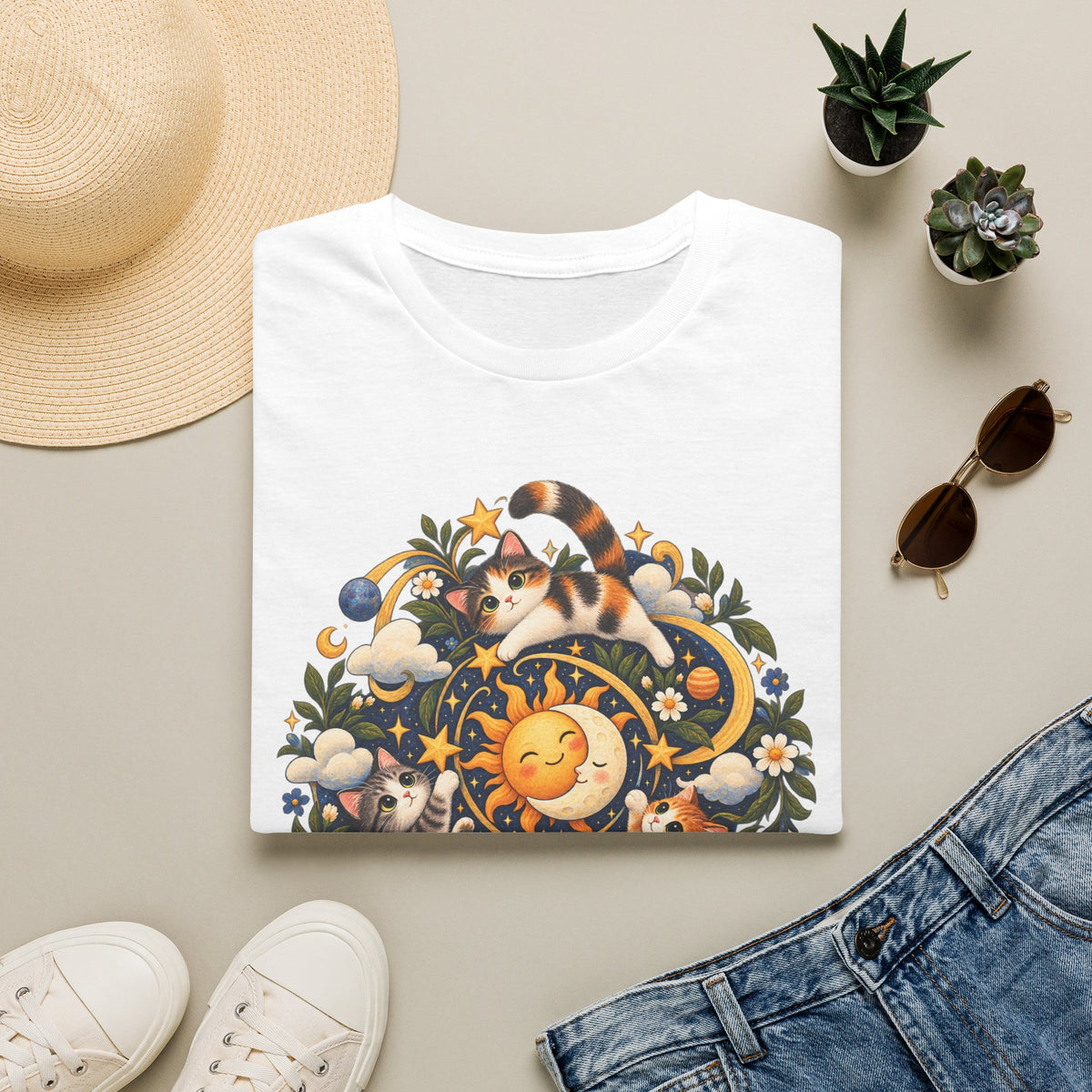 Celestial Cat Graphic Tee — Sun, Moon & Floral Vintage-Inspired T-Shirt