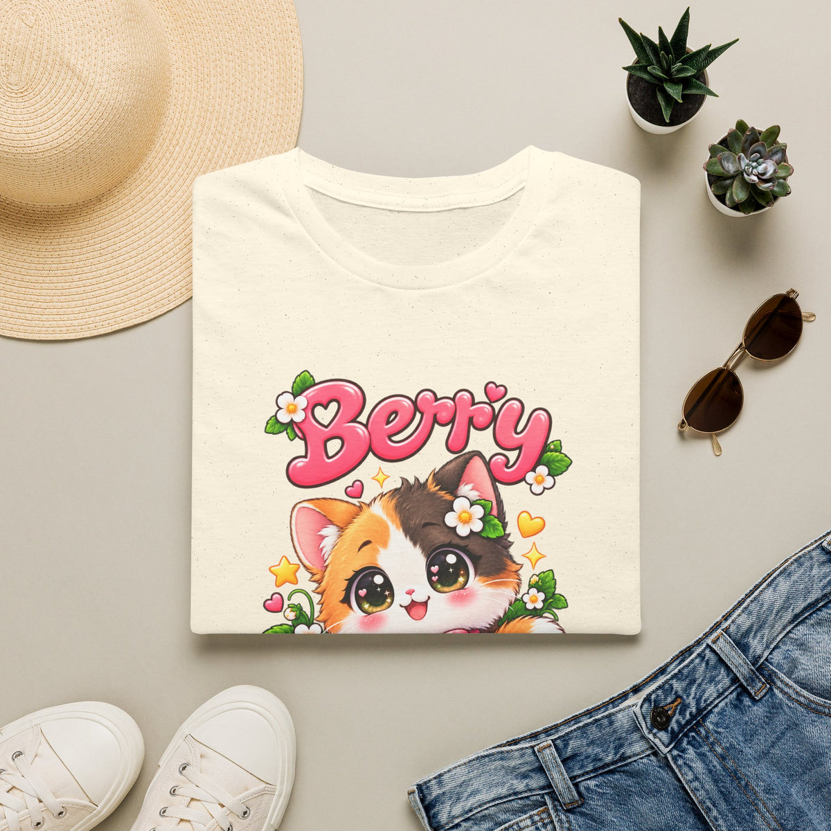 Cute Calico Cat 'Berry Cute' T-Shirt — Kawaii Fruit & Floral Graphic Tee