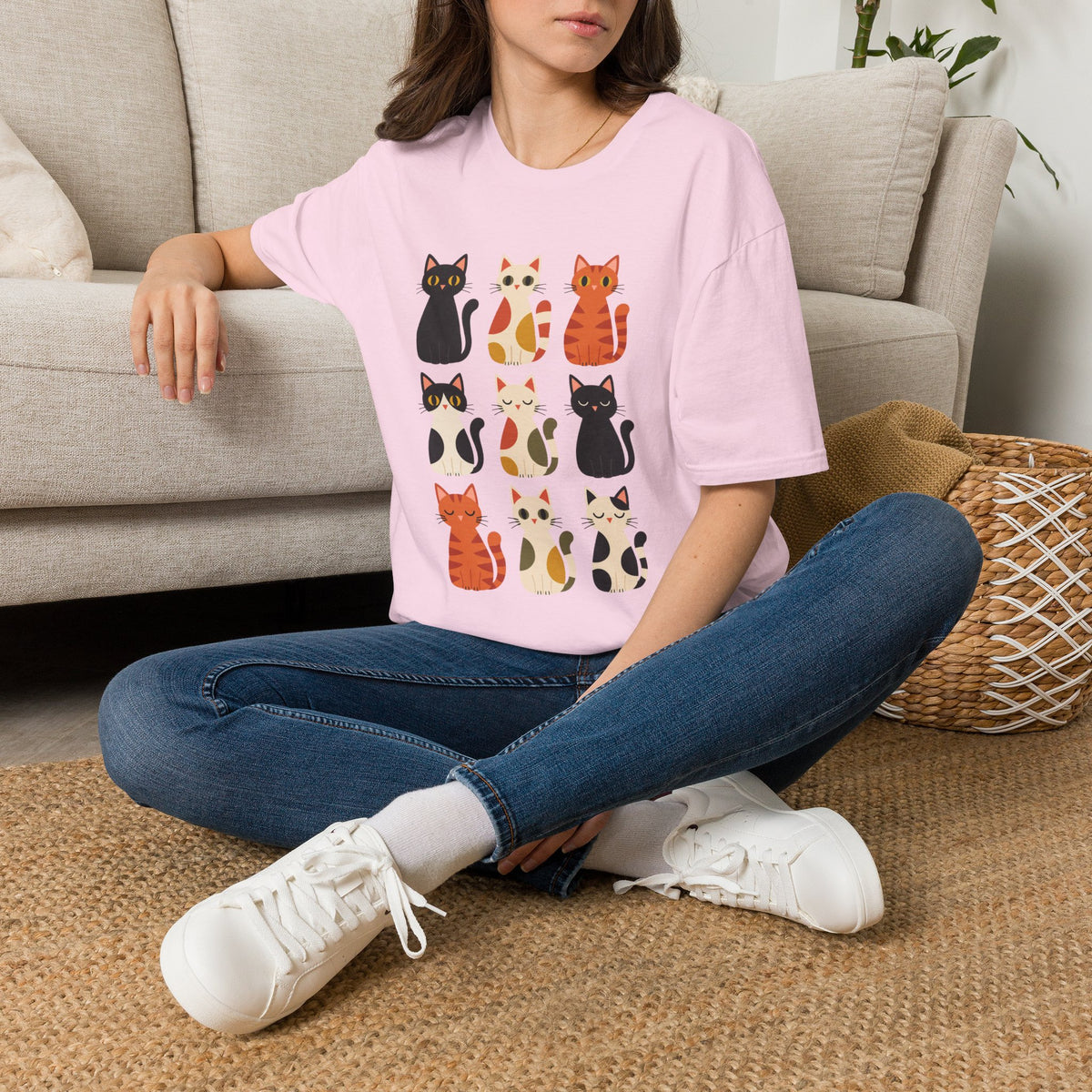 Cat Pattern T‑Shirt — Cute Row of Cartoon Cats Graphic Tee