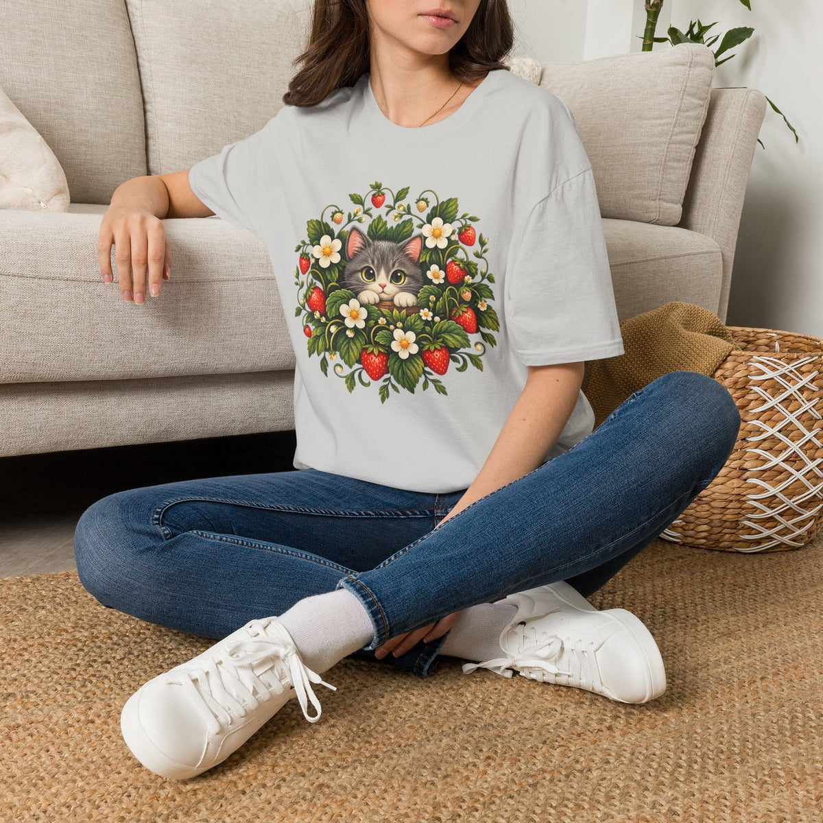 Cat in Strawberry Patch T-Shirt — Cute Floral Kitten Graphic Tee