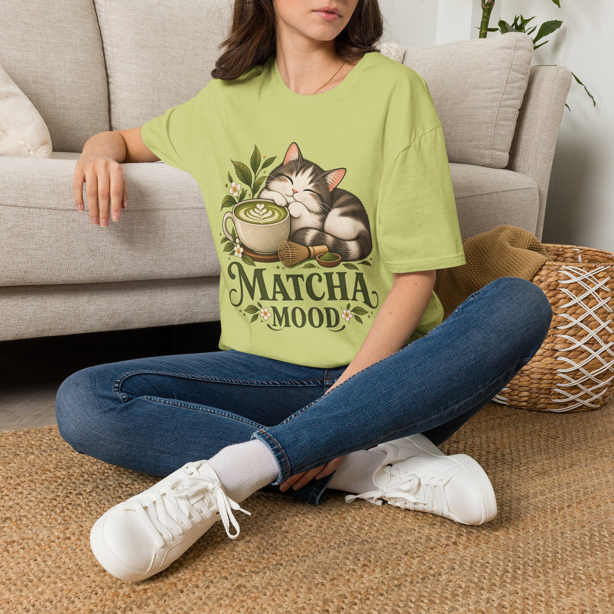 Matcha Mood Cat T-Shirt — Cute Sleeping Cat & Matcha Latte Tee for Tea Lovers