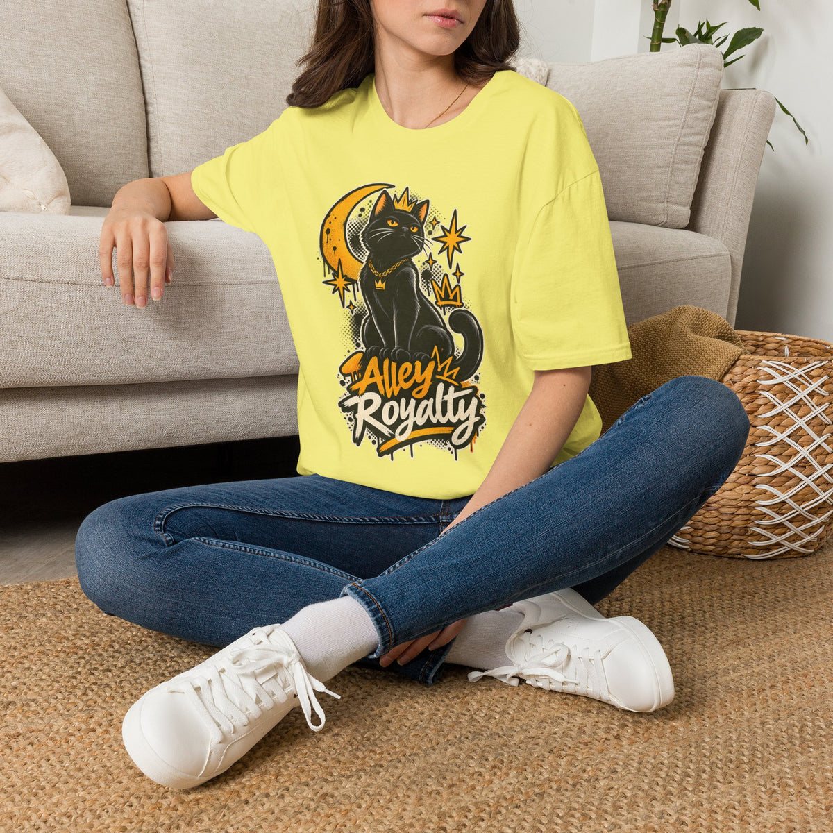 Alley Royalty T-Shirt — Black Cat Crown Moon Graphic Tee