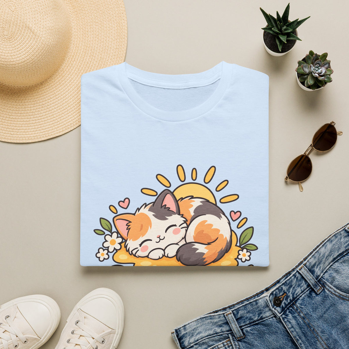 Cat T-Shirt — "Sunny Nap" Calico Cat Graphic Tee