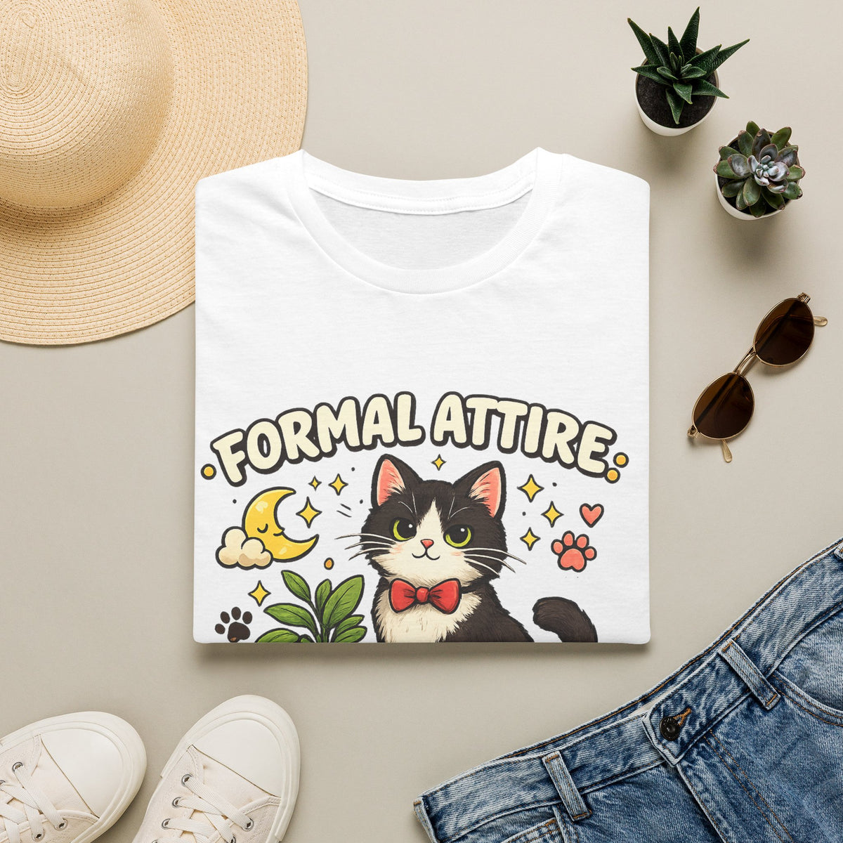 Cat T-Shirt — “Formal Attire, Questionable Decisions” Cute Cartoon Kitten Tee