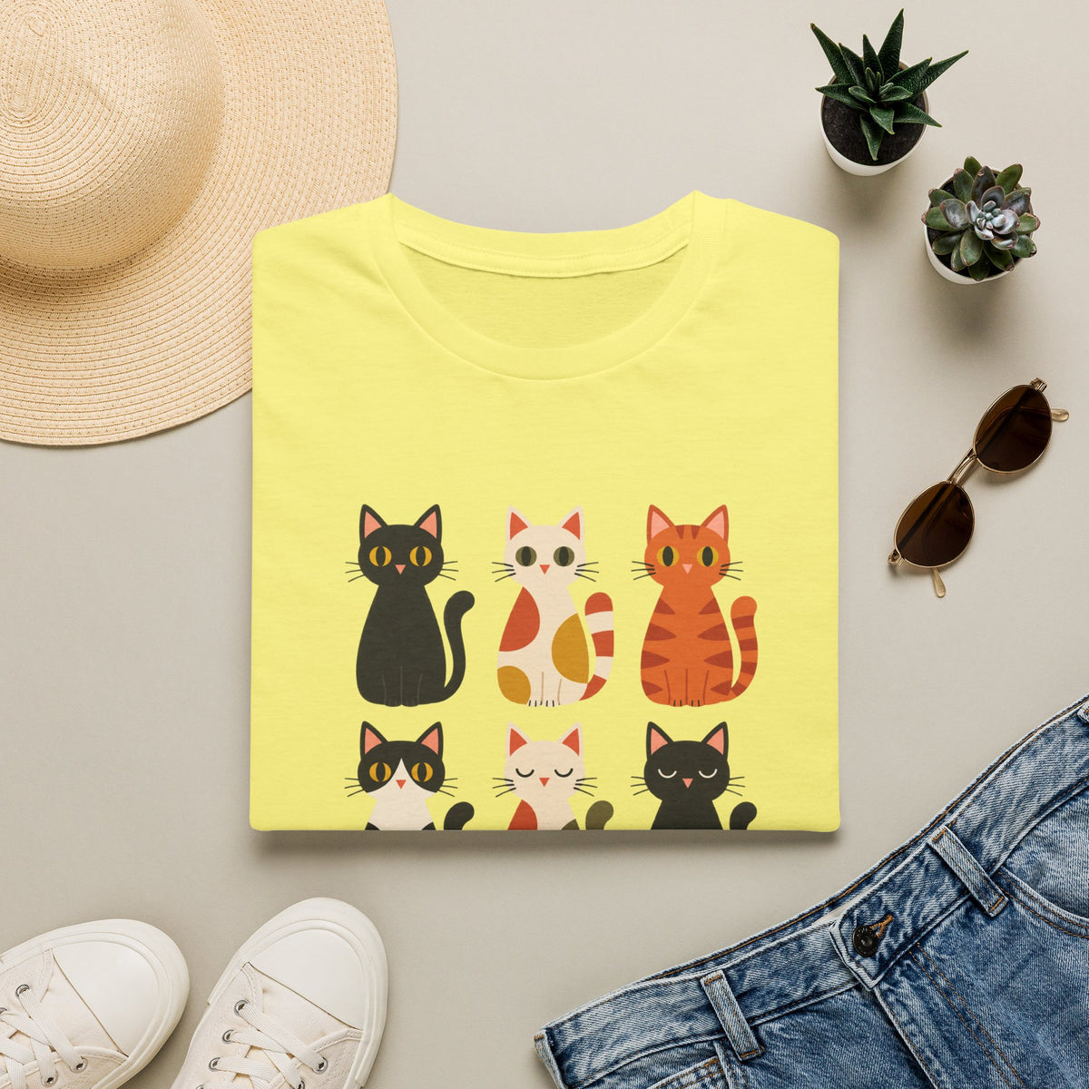 Cat Pattern T‑Shirt — Cute Row of Cartoon Cats Graphic Tee