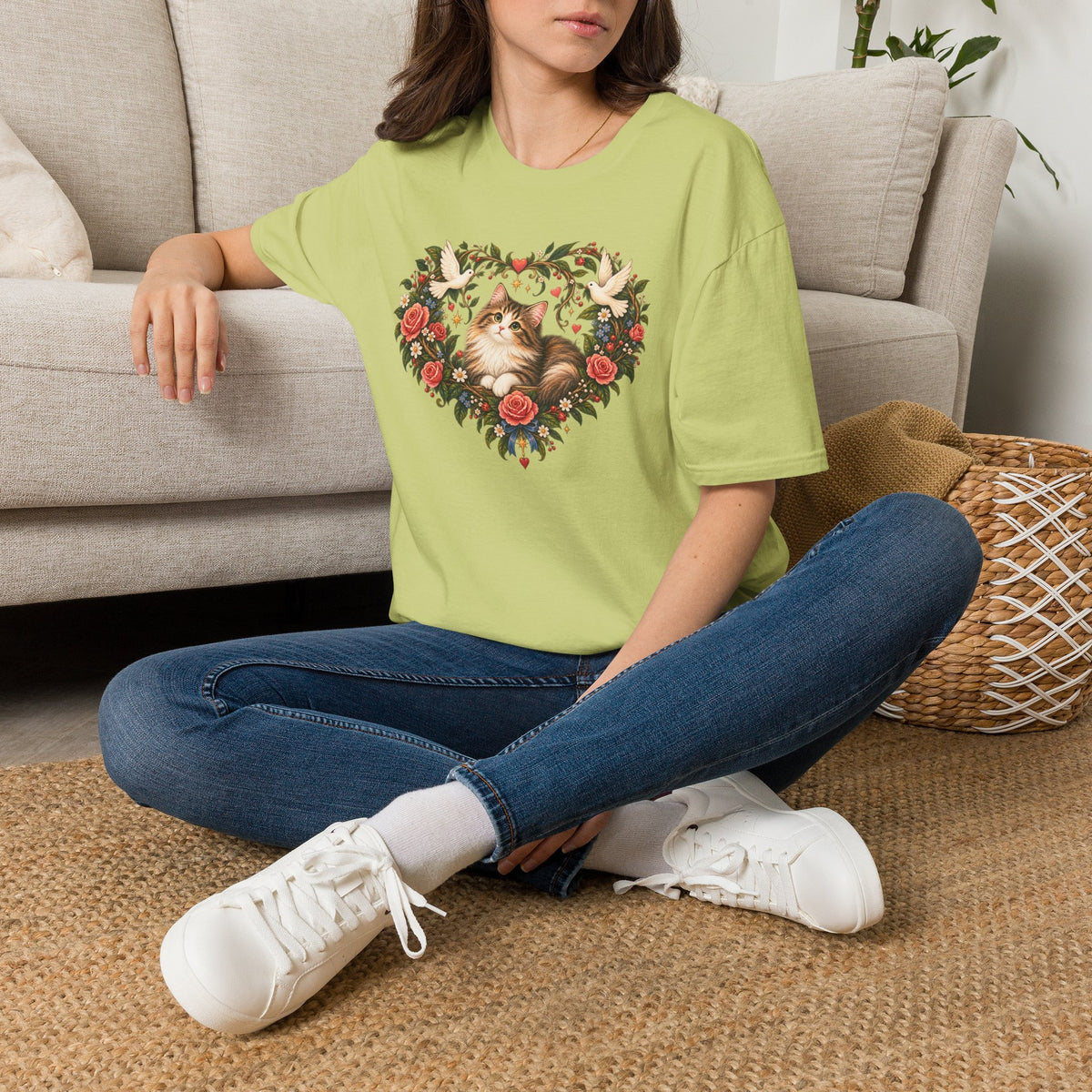 Cat Heart Floral T-Shirt — Vintage Rose & Dove Kitty Tee