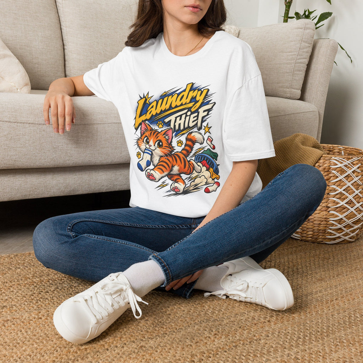 T-Shirt — 'Laundry Thief' Funny Cat Graphic Tee