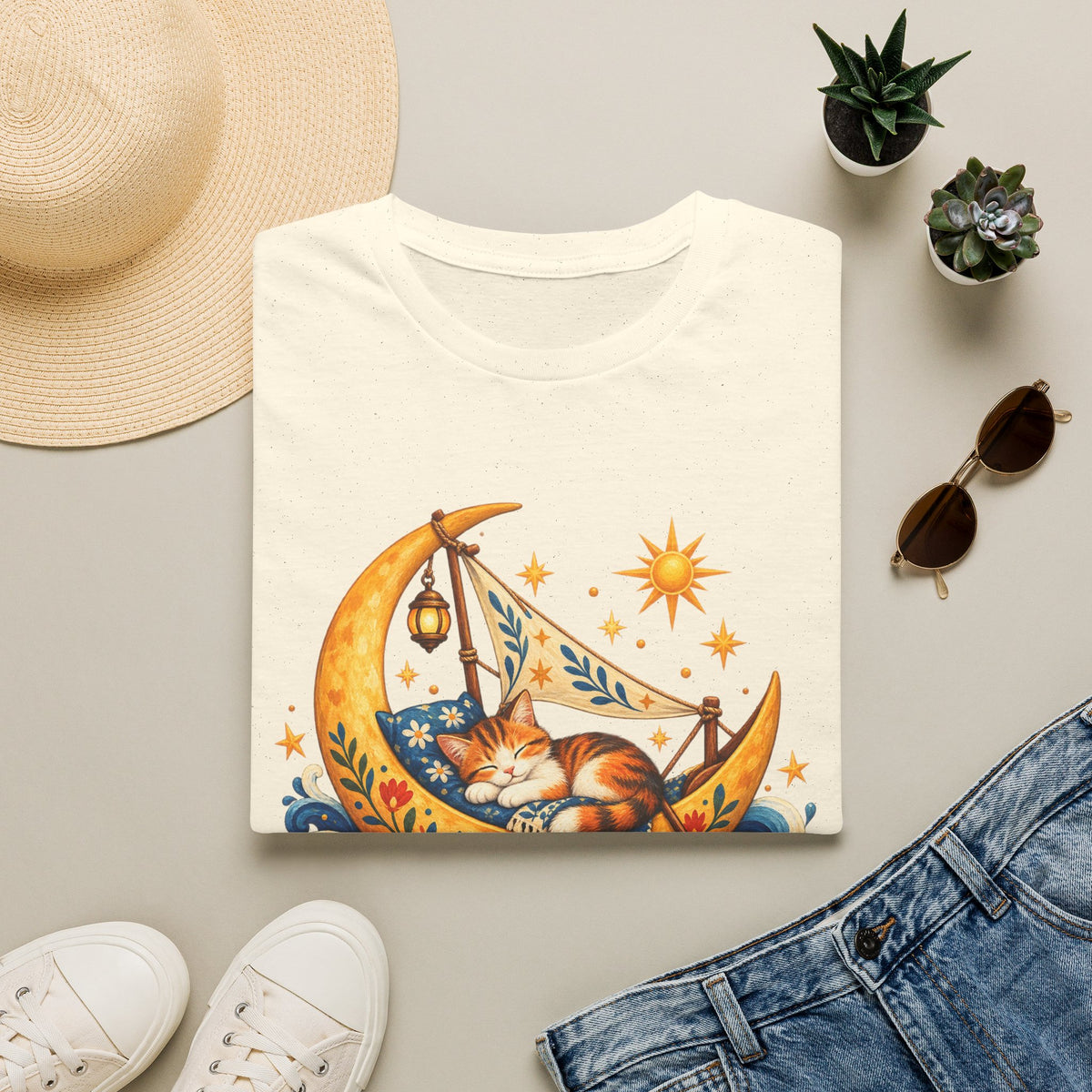 Cat on Crescent Moon T-Shirt — Whimsical Sleepy Cat Boho Tee