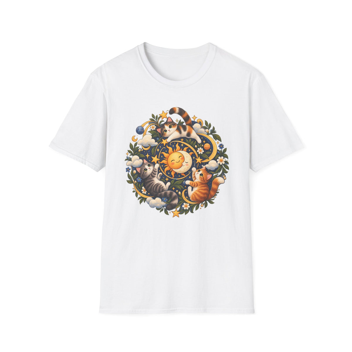 Celestial Cat Graphic Tee — Sun, Moon & Floral Vintage-Inspired T-Shirt