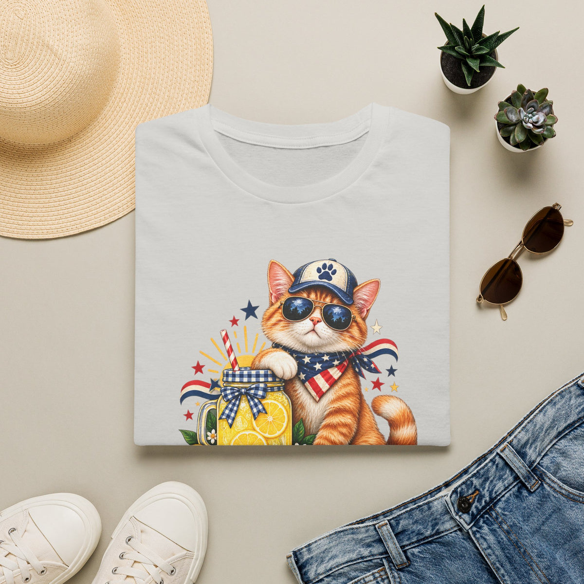 Patriotic Cat Lemonade Stand T-Shirt — "Lemonade Stand Security" Cute 4th of July Tee