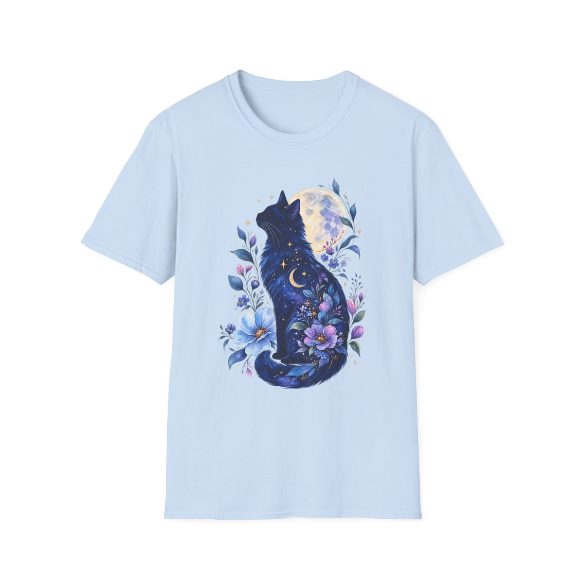 Moonlit Cat T-Shirt — Night Sky Floral Cat Silhouette Tee