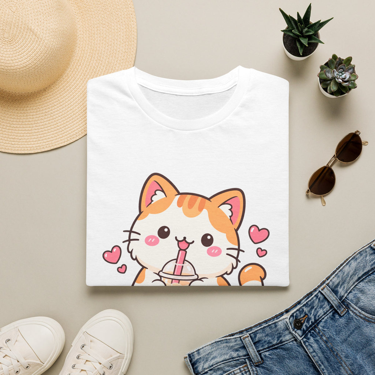 Boba Cat Cute Kawaii Bubble Tea Graphic Tee