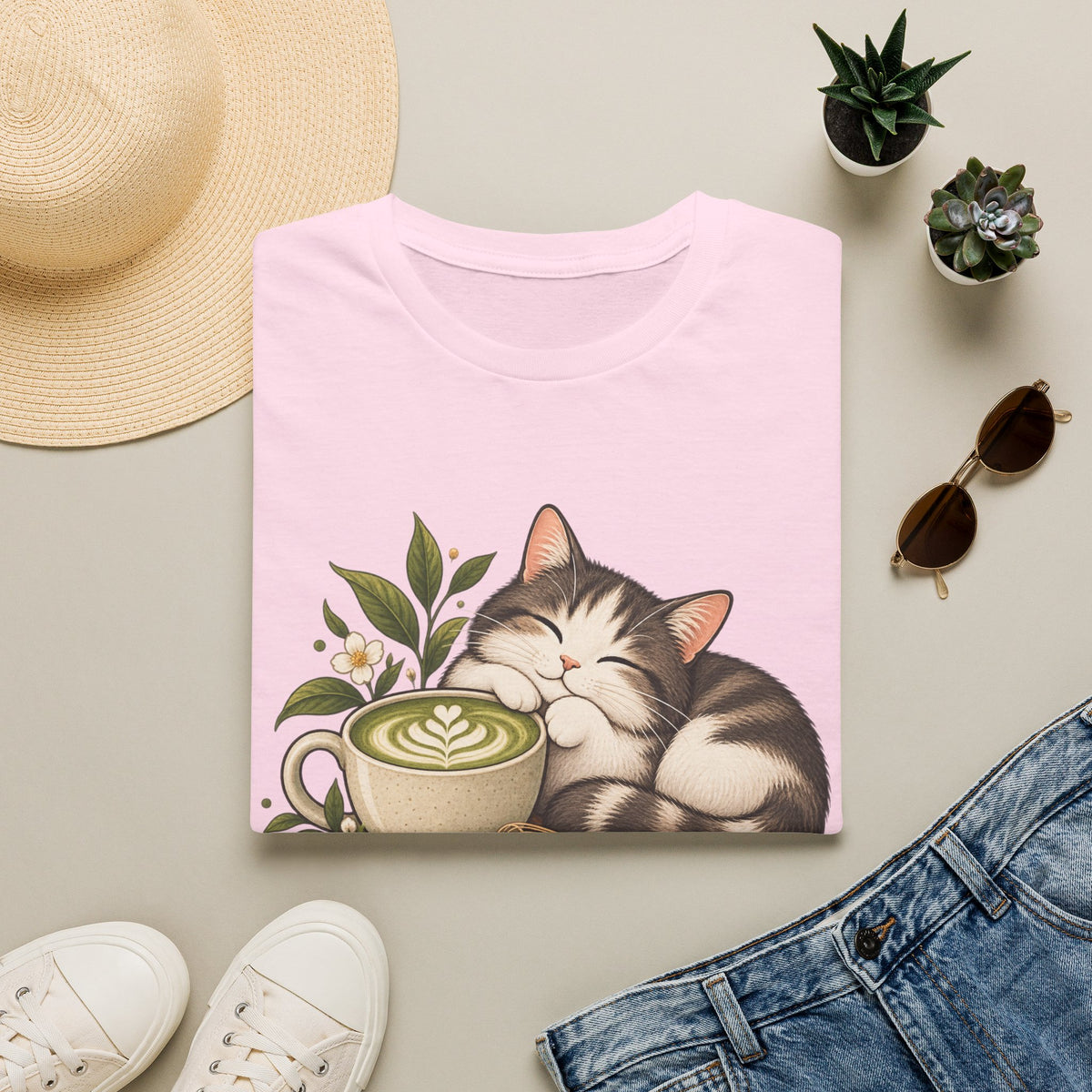 Matcha Mood Cat T-Shirt — Cute Sleeping Cat & Matcha Latte Tee for Tea Lovers