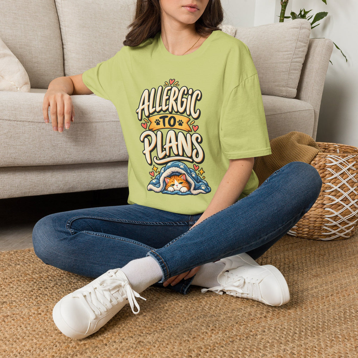 T-Shirt — "Allergic to Plans" Cute Cat Graphic Tee