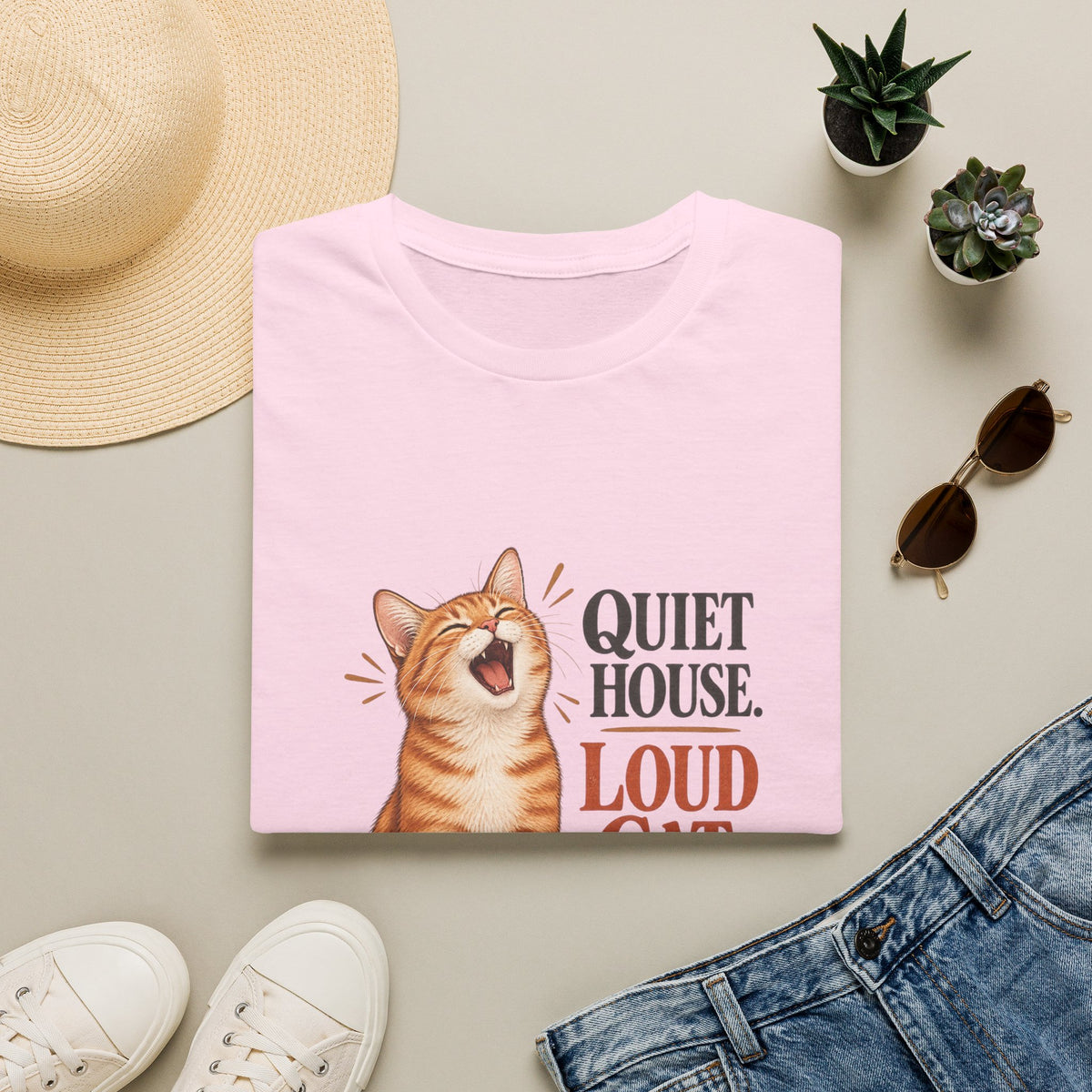 Cat T-Shirt — "Quiet House. Loud Cat." Cute Yawning Tabby Graphic Tee for Cat Lovers
