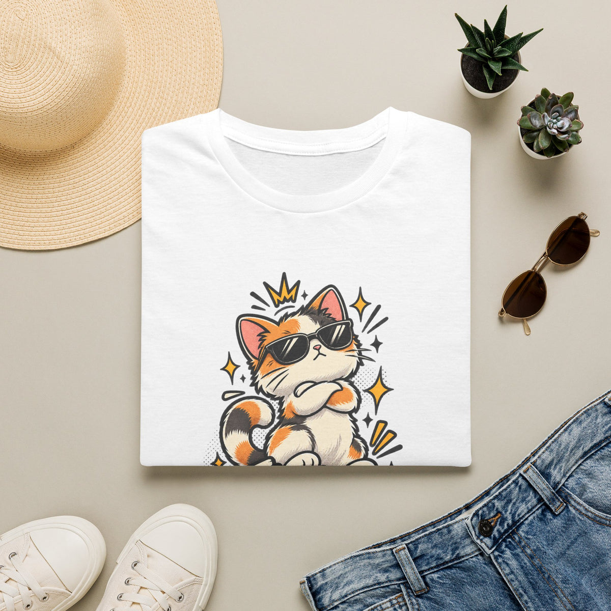 Tiny Boss Energy Cat T-Shirt — Cute Cat with Sunglasses Graphic