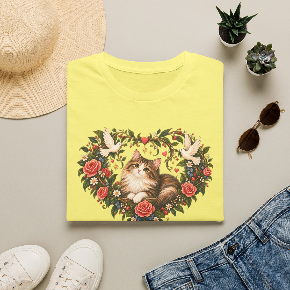 Cat Heart Floral T-Shirt — Vintage Rose & Dove Kitty Tee