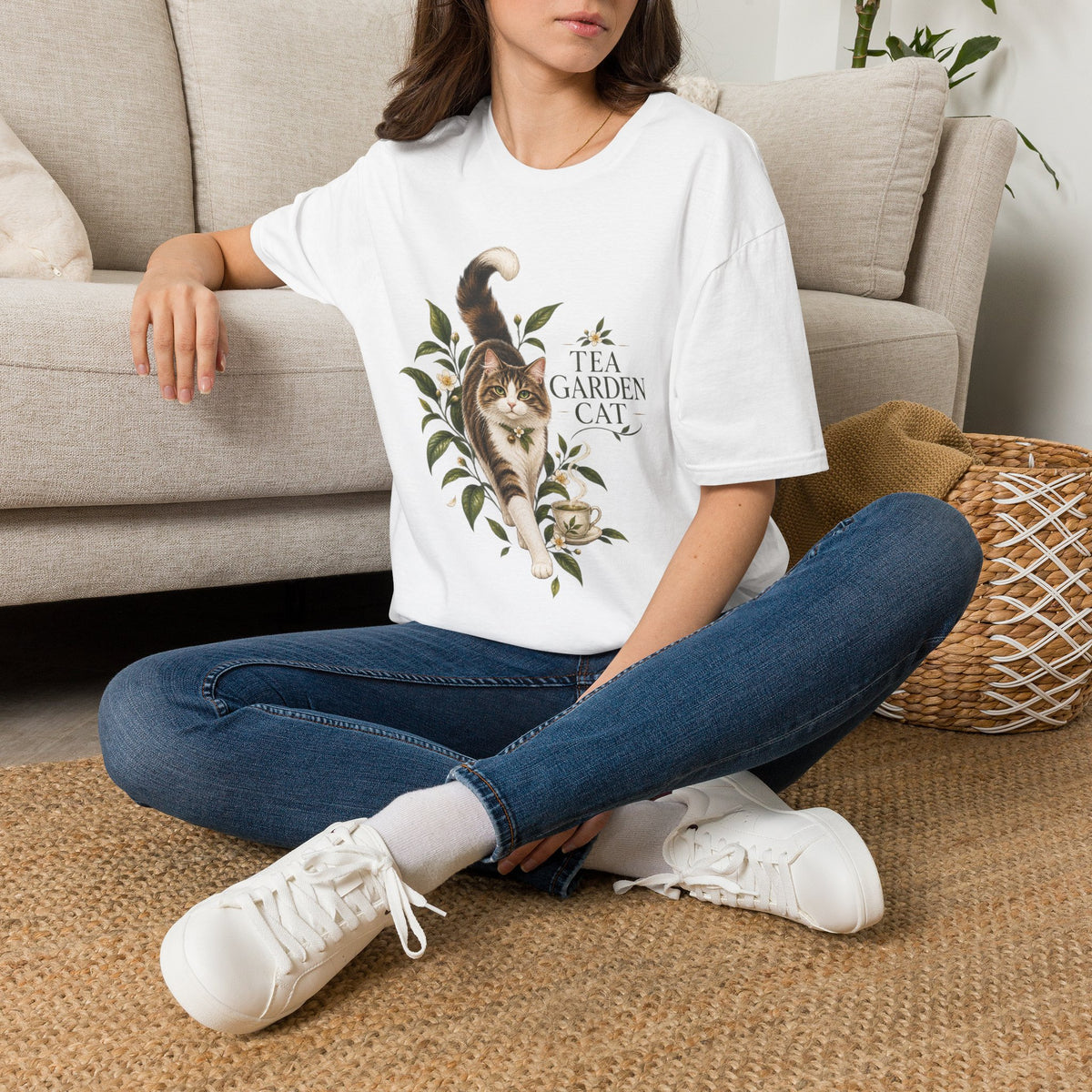 Tea Garden Cat T-Shirt — Cute Floral Cat Illustration Tee