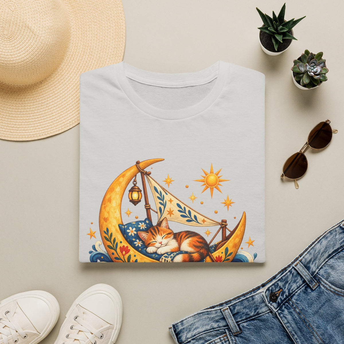 Cat on Crescent Moon T-Shirt — Whimsical Sleepy Cat Boho Tee