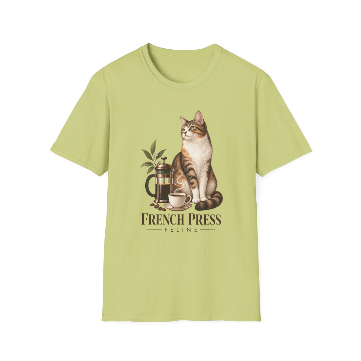 Cat & French Press T-Shirt — Cozy Coffee Lover Cat Tee