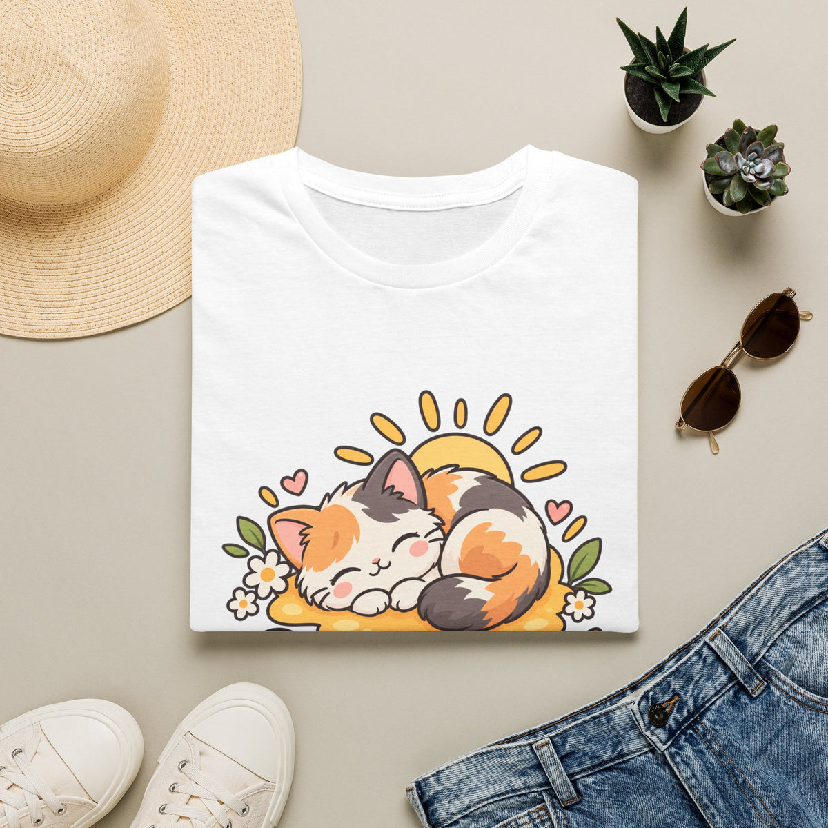 Cat T-Shirt — "Sunny Nap" Calico Cat Graphic Tee