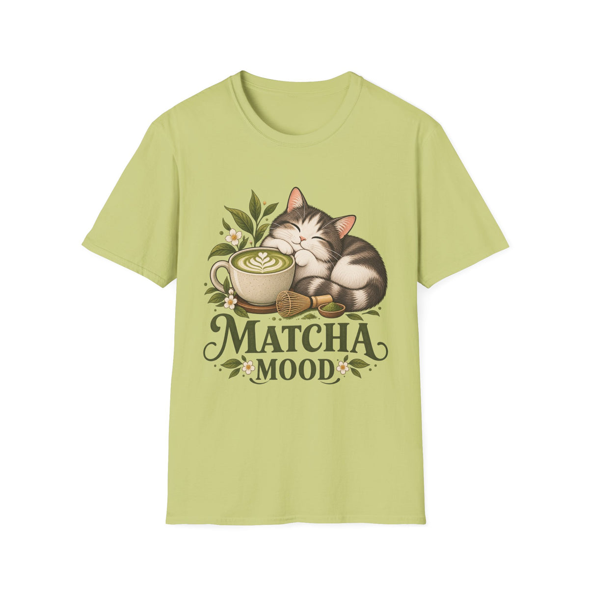 Matcha Mood Cat T-Shirt — Cute Sleeping Cat & Matcha Latte Tee for Tea Lovers