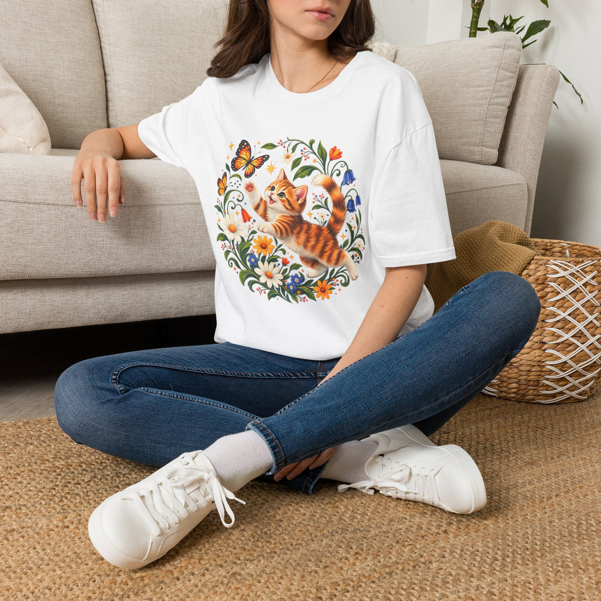 Cat and Butterflies T-Shirt — Whimsical Floral Kitten Tee