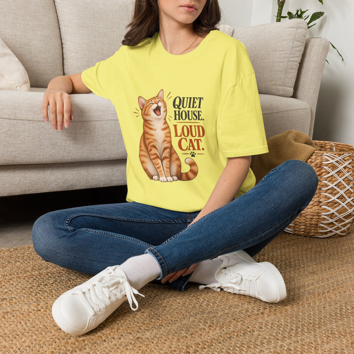 Cat T-Shirt — "Quiet House. Loud Cat." Cute Yawning Tabby Graphic Tee for Cat Lovers