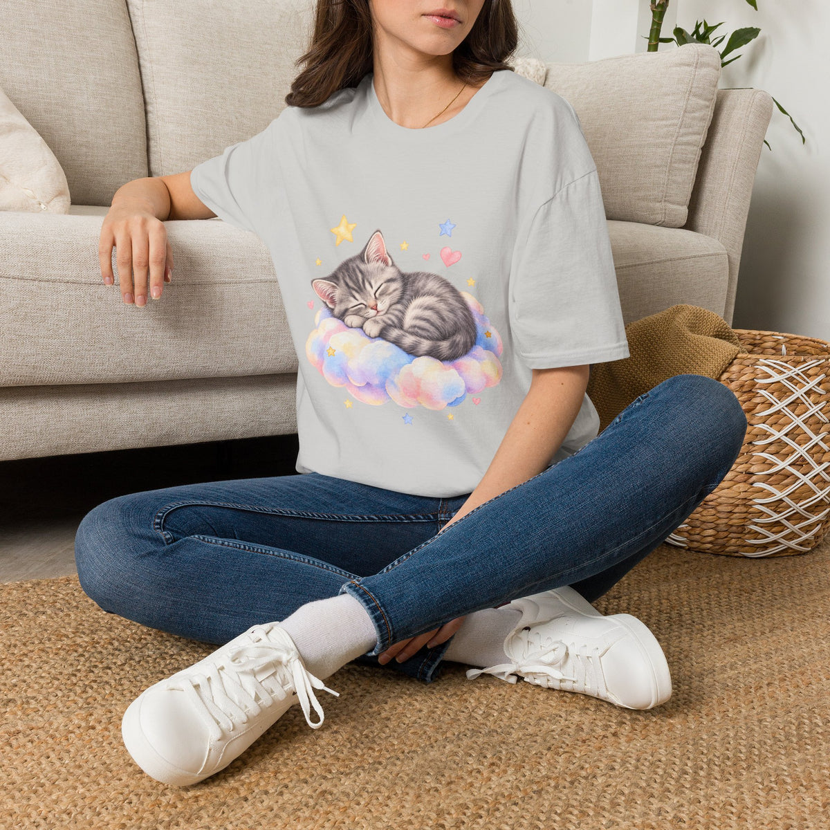 Sleeping Kitten T-Shirt — Cute Pastel Cat on Cloud Tee