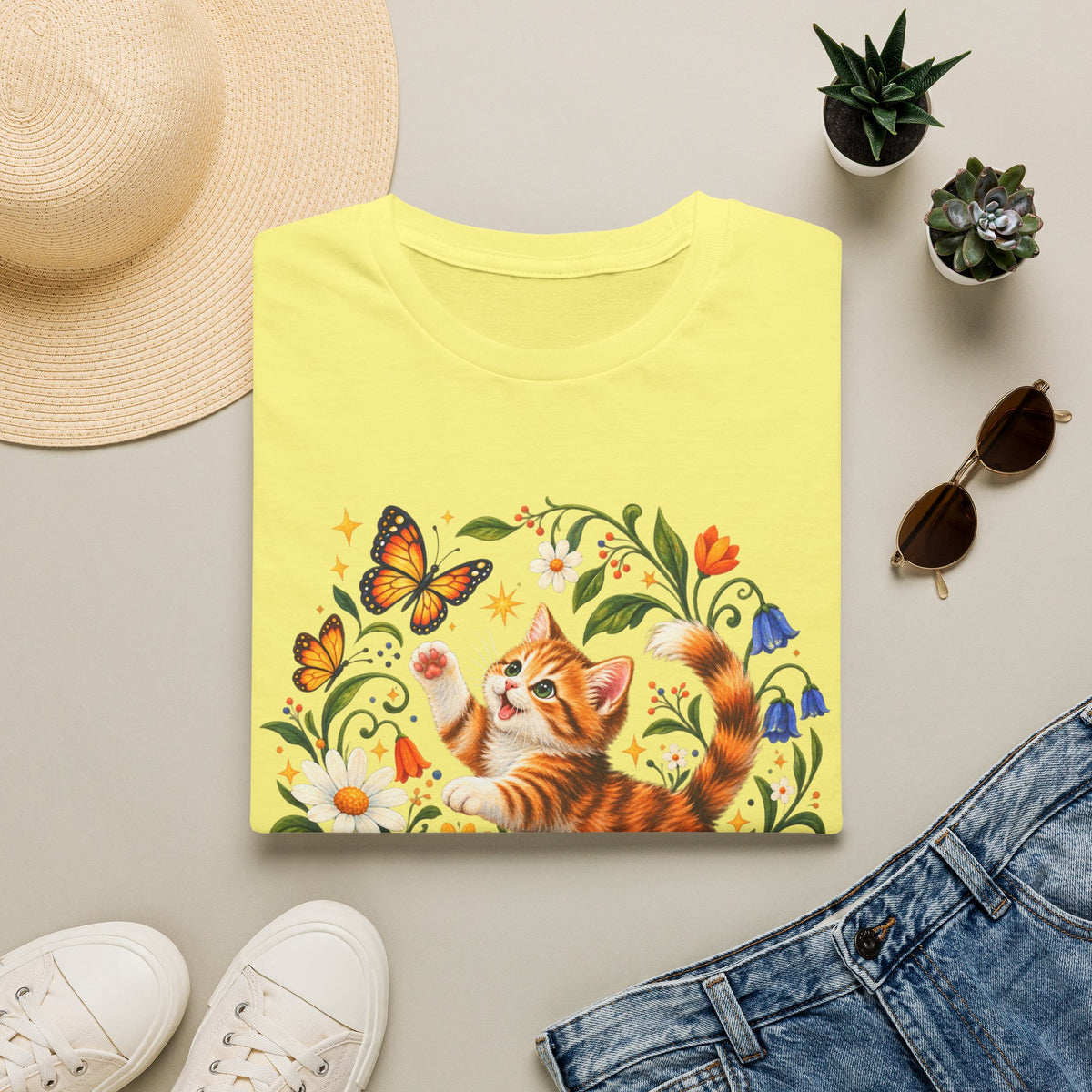 Cat and Butterflies T-Shirt — Whimsical Floral Kitten Tee