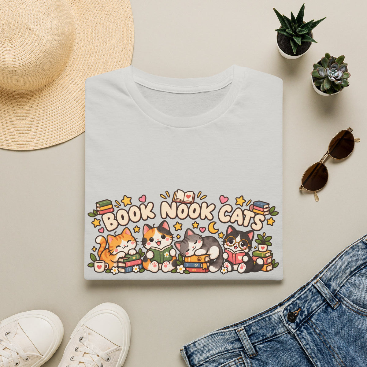 Book Nook Cats T-Shirt — Cute Reading Cat Graphic Tee for Book Lovers