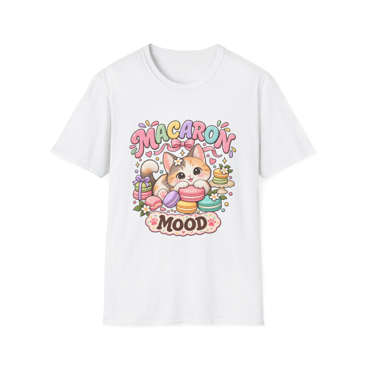Macaron Mood T‑Shirt — Cute Kawaii Cat with Macarons Graphic