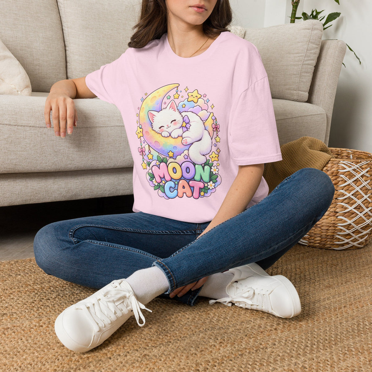 Moon Cat T-Shirt — Cute Sleeping Kitty on Crescent Moon