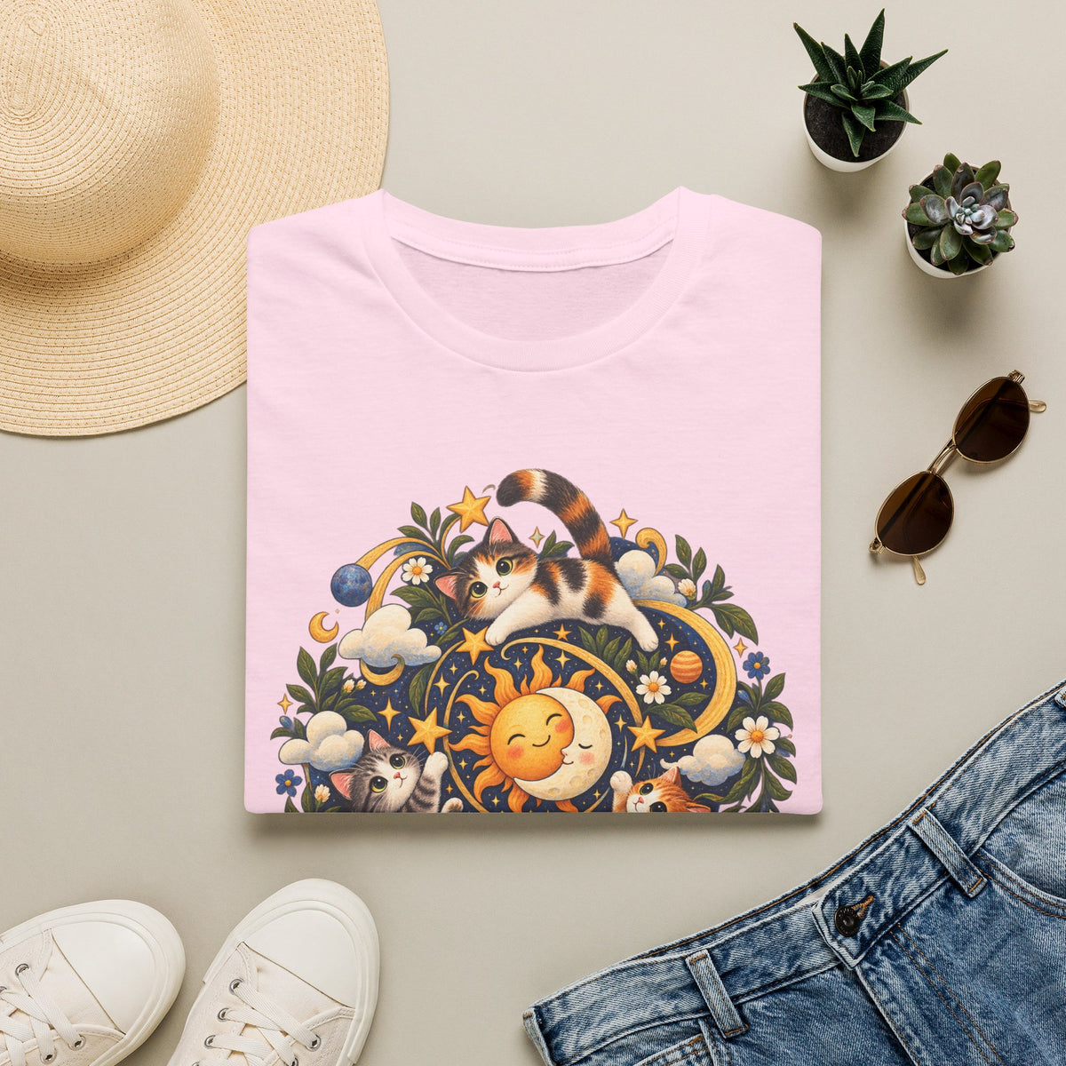 Celestial Cat Graphic Tee — Sun, Moon & Floral Vintage-Inspired T-Shirt