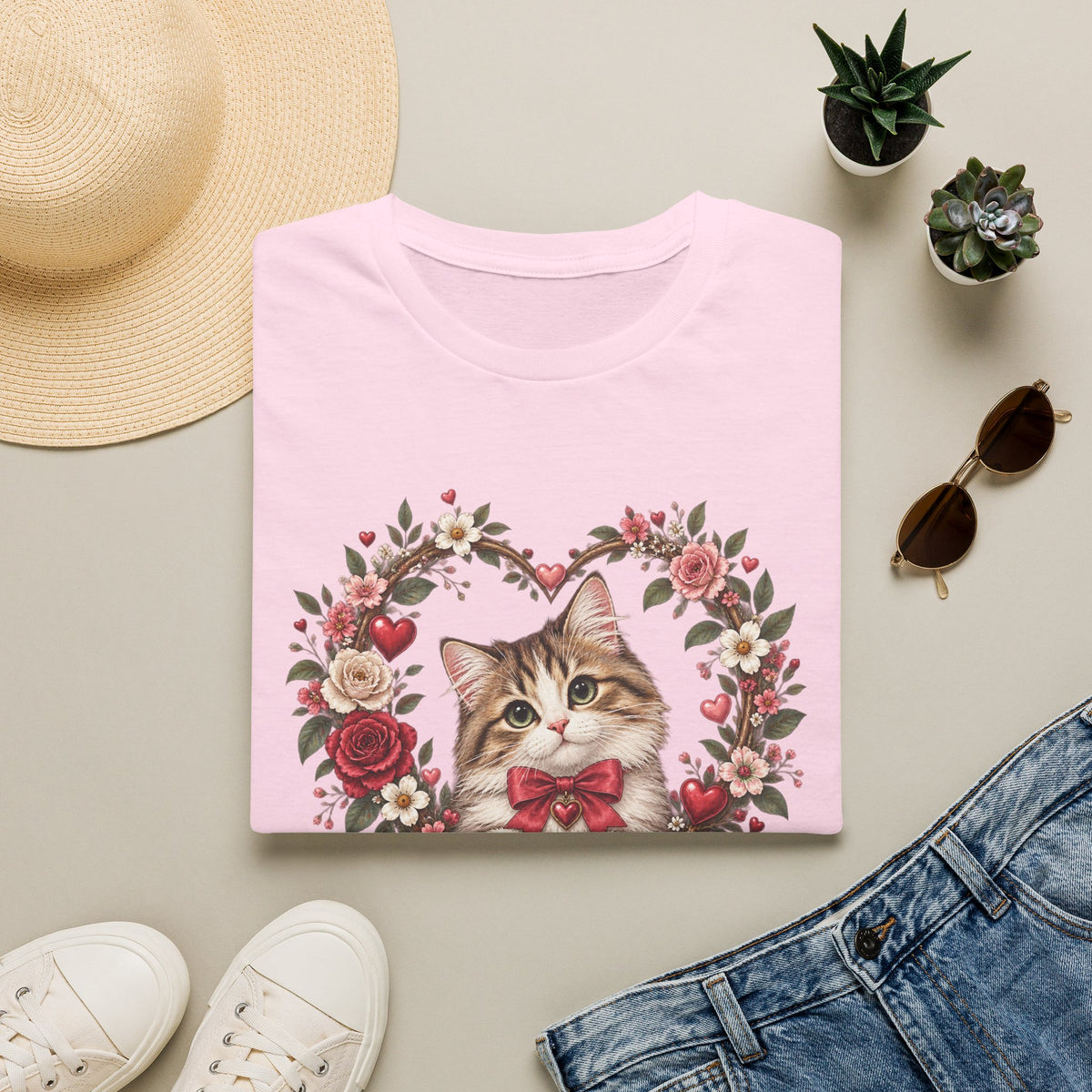 Valentine Cat T-Shirt – 'Valentine Whiskers' Floral Heart Kitten Tee