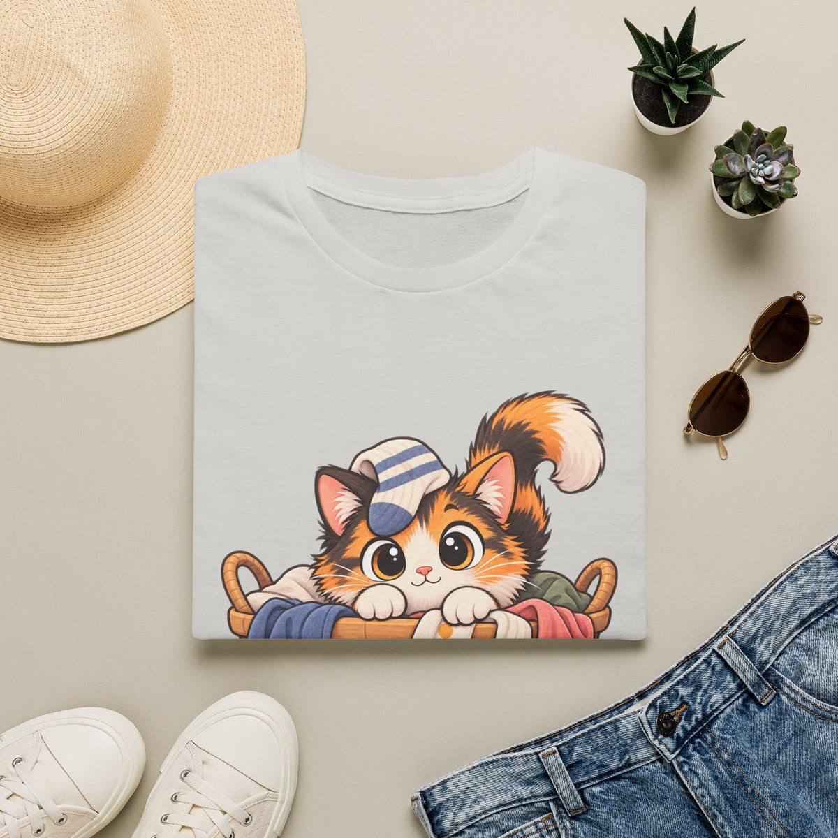 Cute Calico Cat in Laundry Basket T-Shirt