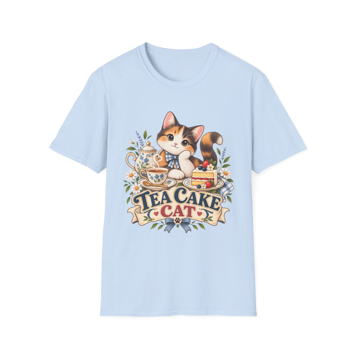Tea Cake Cat T‑Shirt — Cute Calico Kitten Tea & Cake Graphic Tee