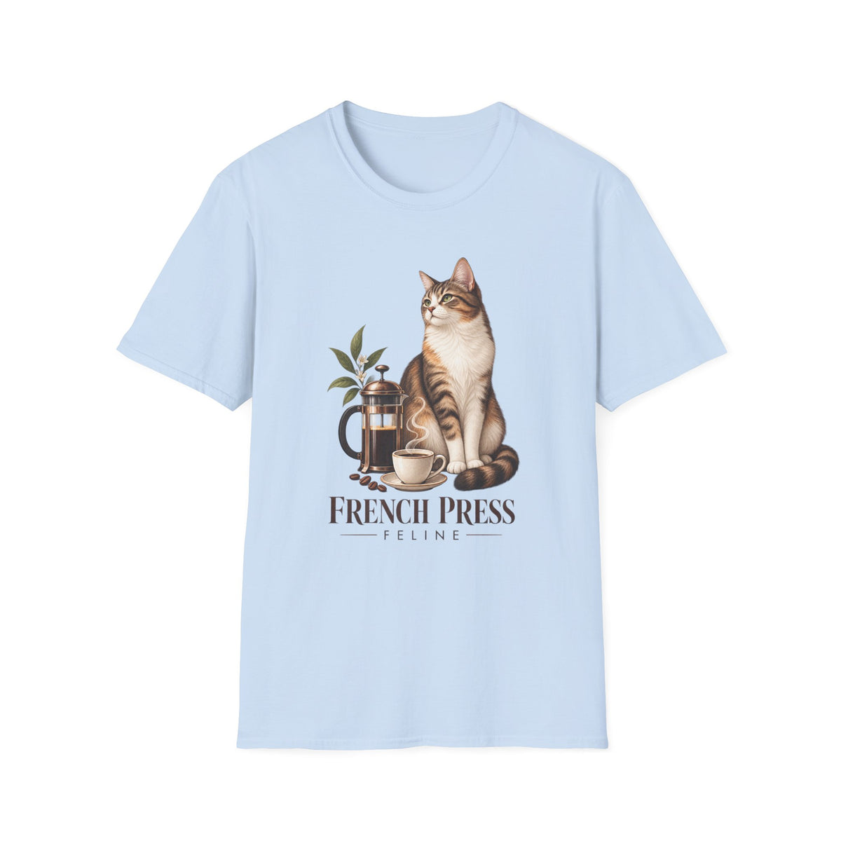 Cat & French Press T-Shirt — Cozy Coffee Lover Cat Tee