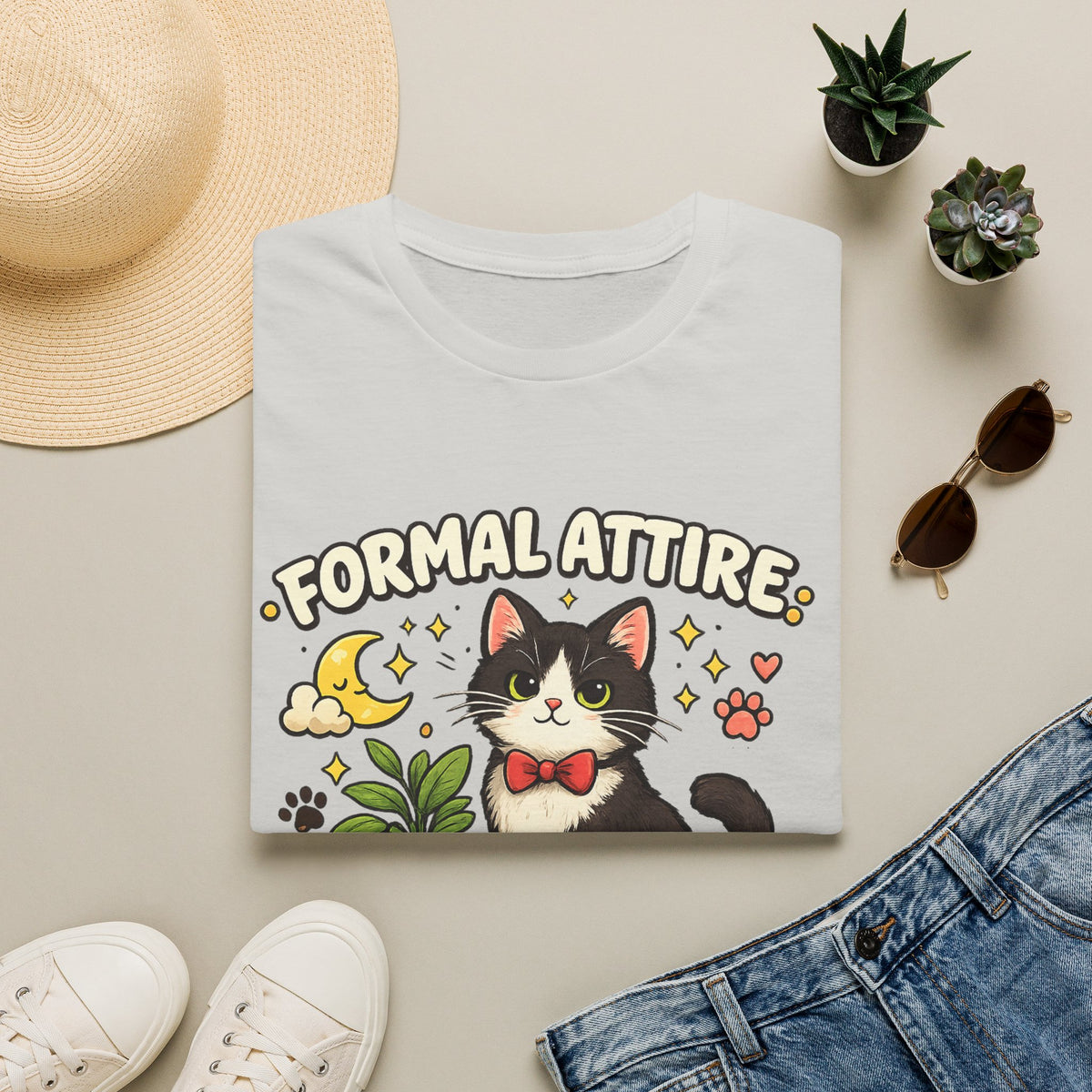 Cat T-Shirt — “Formal Attire, Questionable Decisions” Cute Cartoon Kitten Tee