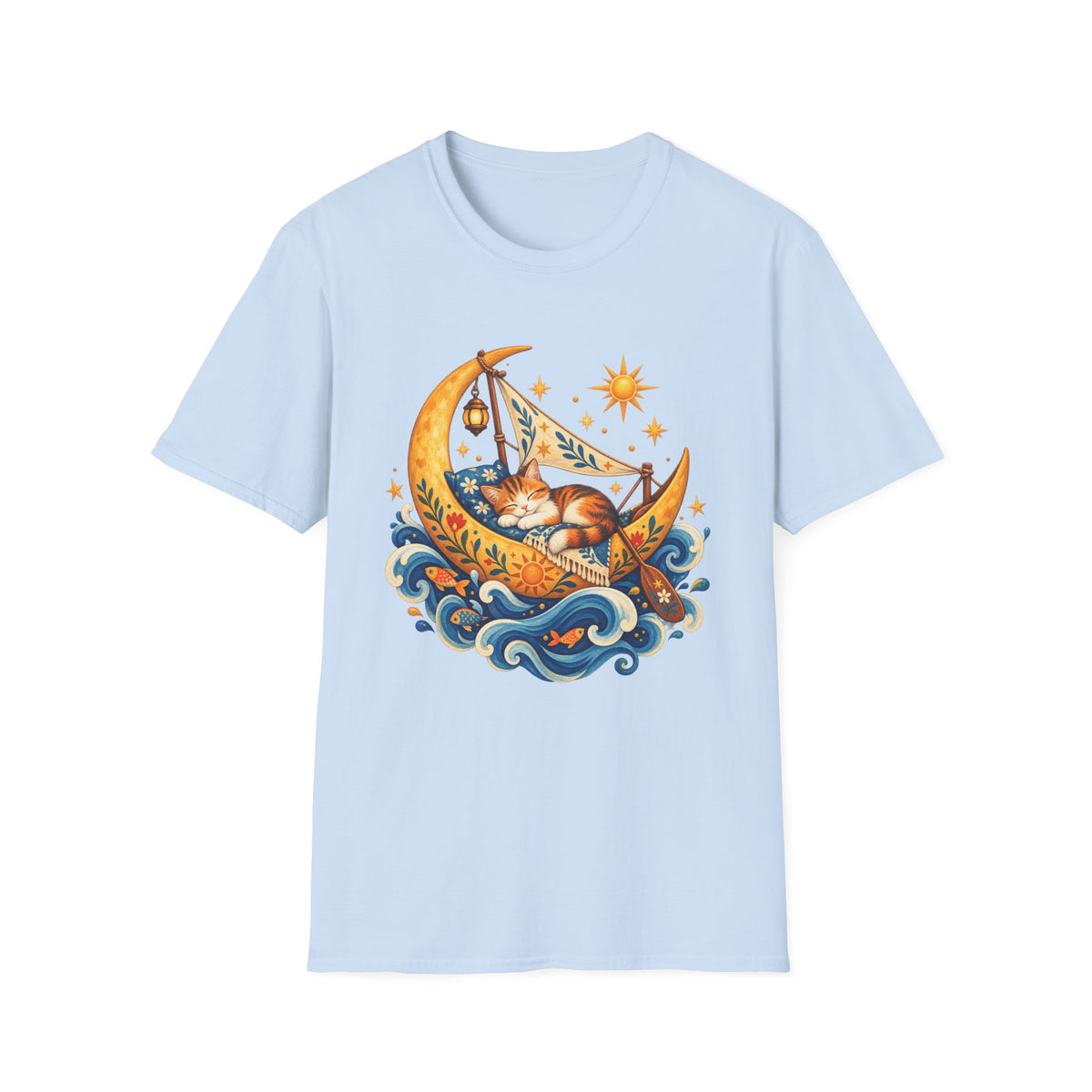 Cat on Crescent Moon T-Shirt — Whimsical Sleepy Cat Boho Tee
