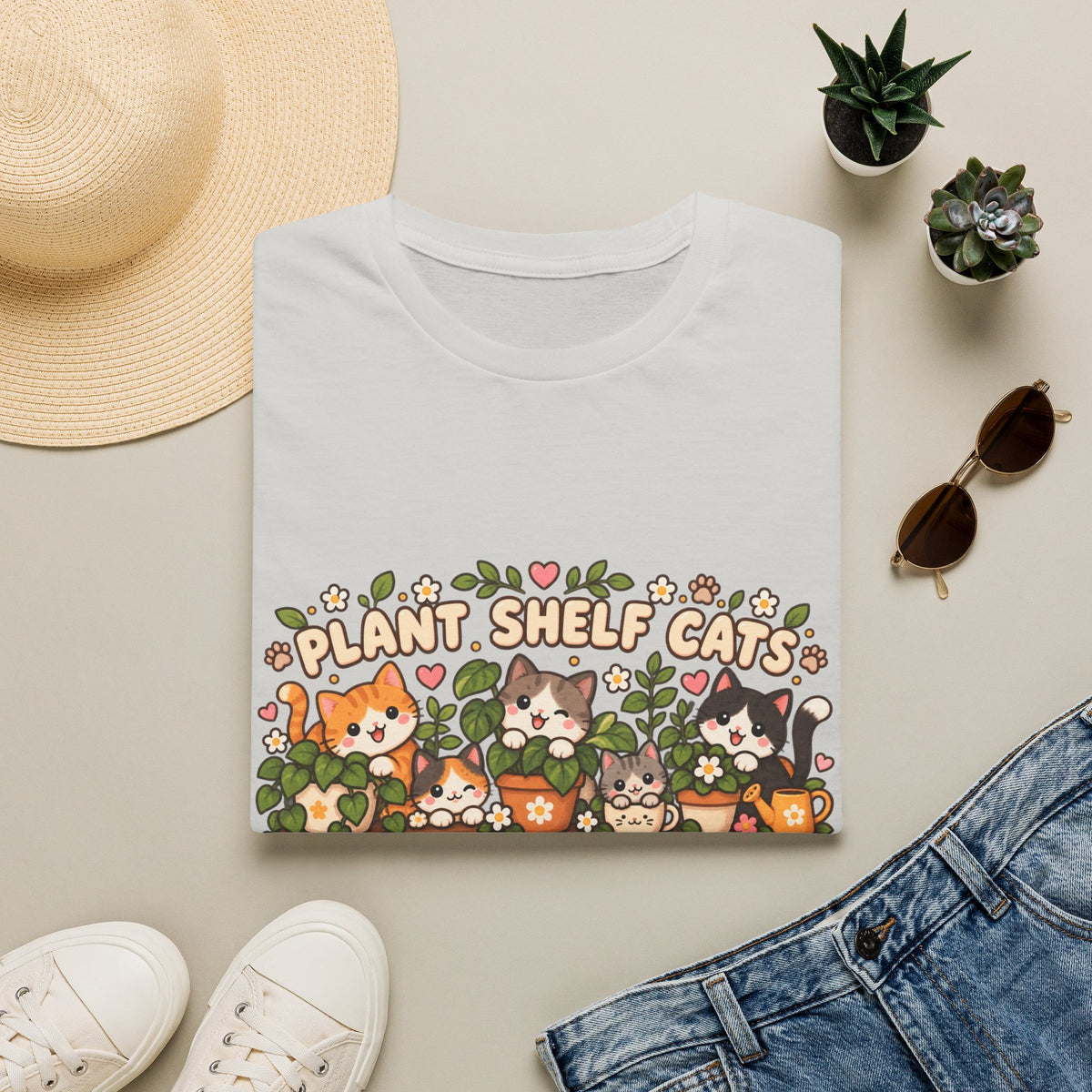 Plant Shelf Cats T-Shirt — Cute Houseplant & Cat Graphic Tee