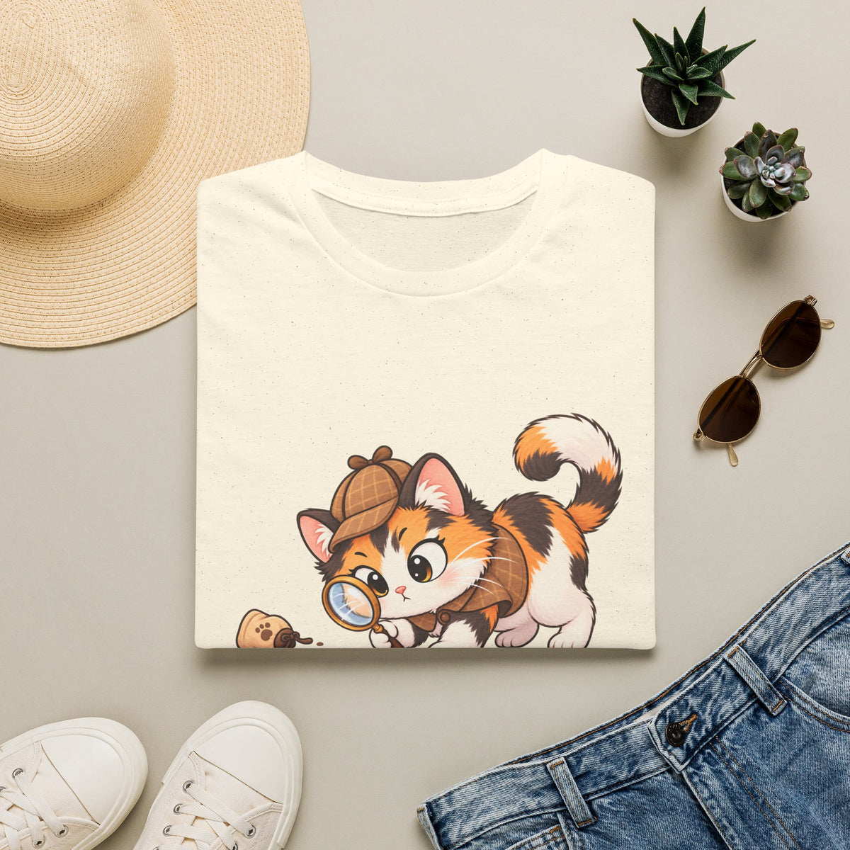 Detective Kitten T‑Shirt — Cute Calico Cat in Sherlock Hat Tee