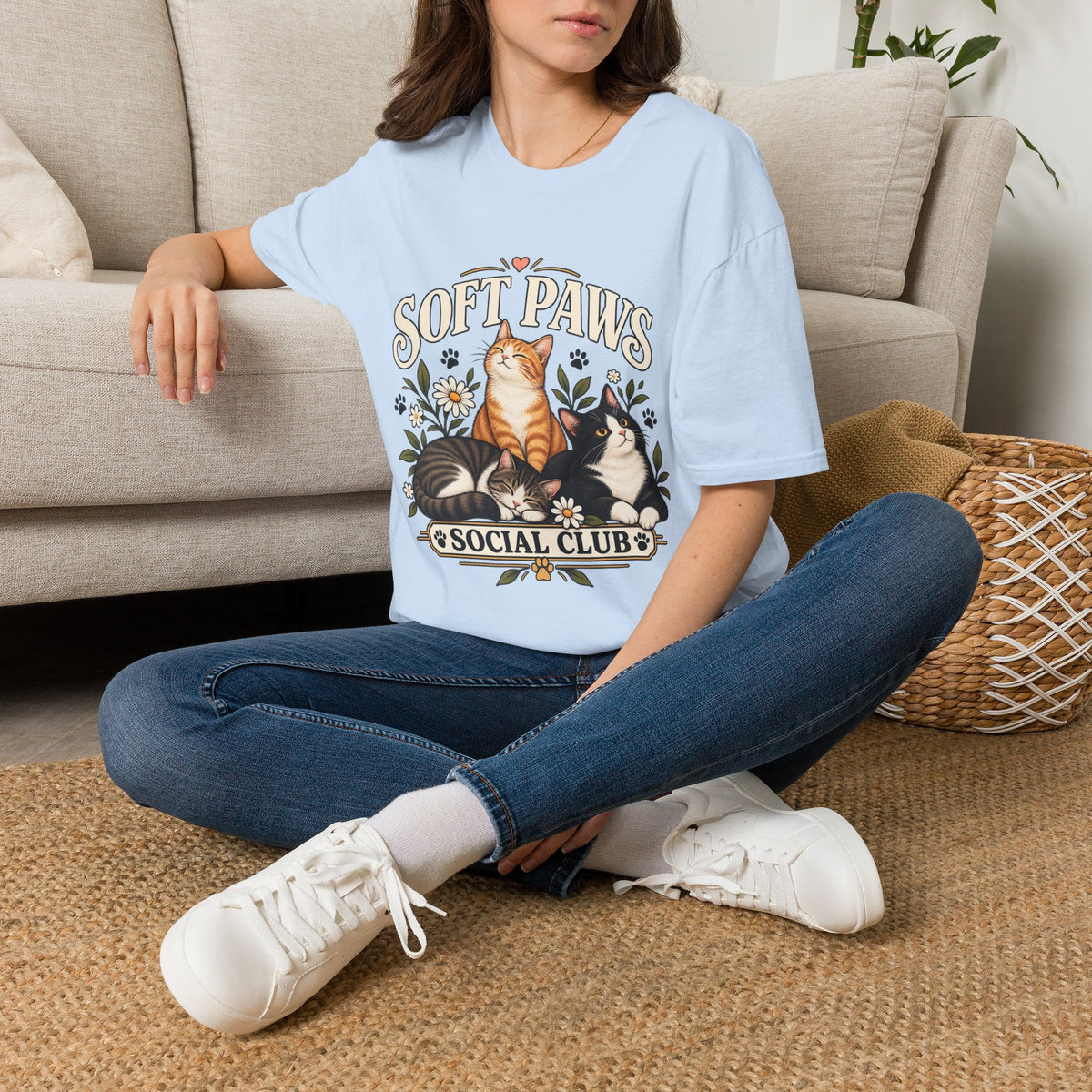 Cat T‑Shirt — "Soft Paws Social Club" Cute Floral Cat Tee for Cat Lovers