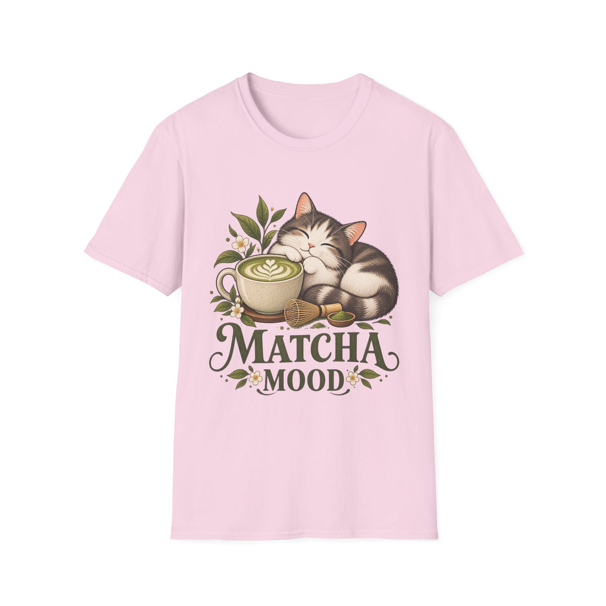 Matcha Mood Cat T-Shirt — Cute Sleeping Cat & Matcha Latte Tee for Tea Lovers
