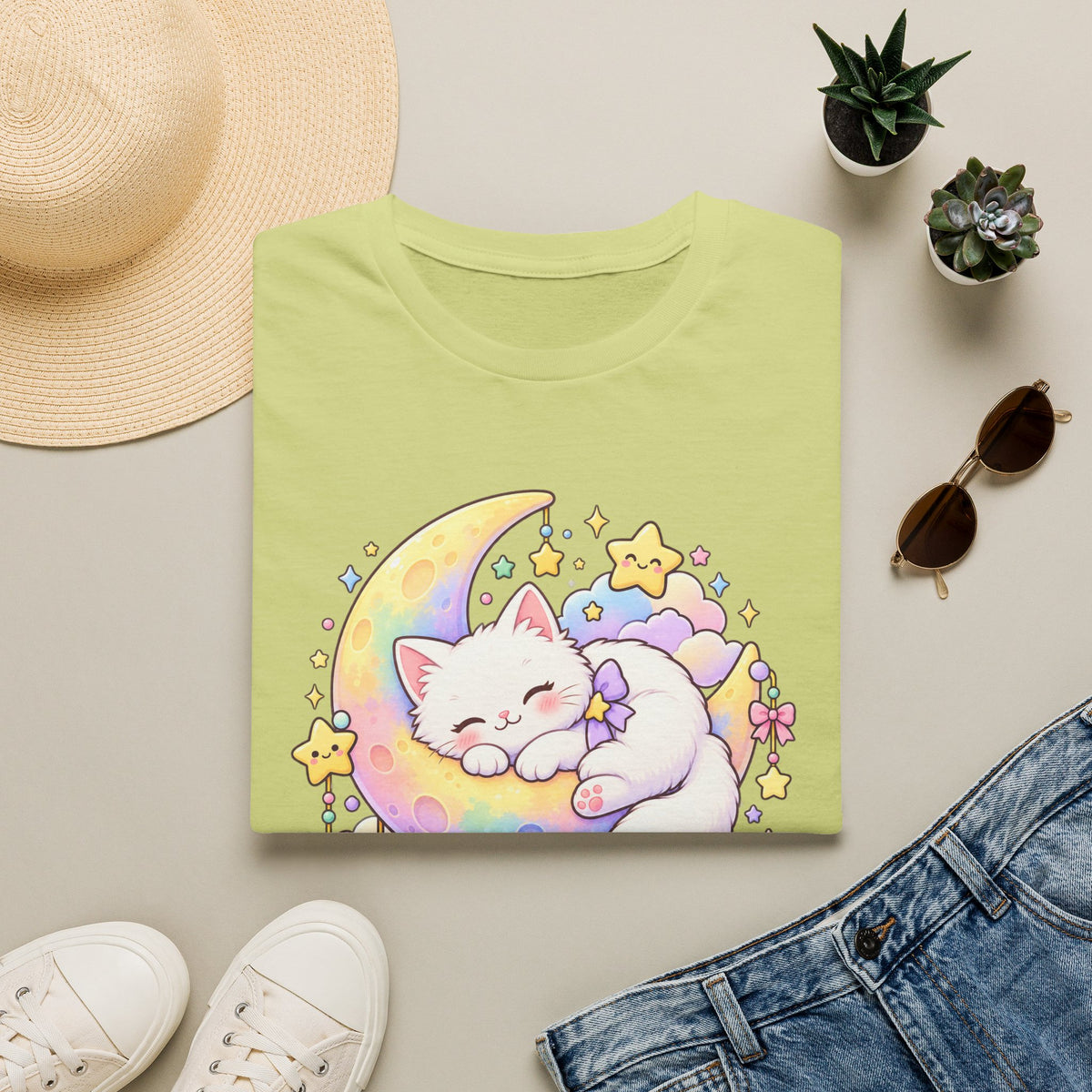 Moon Cat T-Shirt — Cute Sleeping Kitty on Crescent Moon