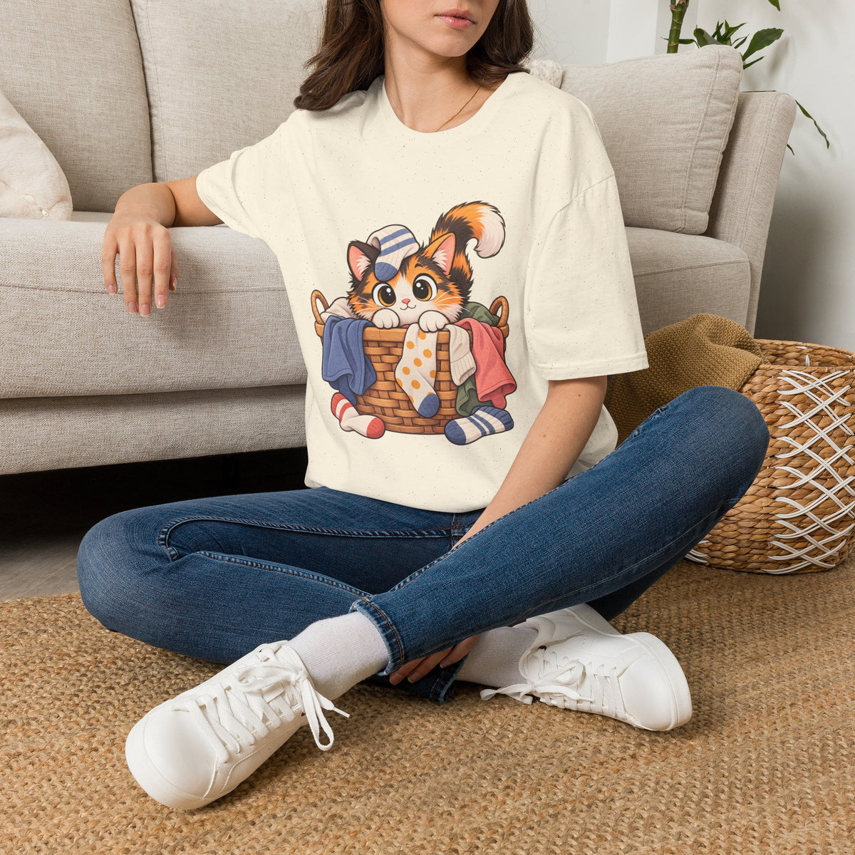 Cute Calico Cat in Laundry Basket T-Shirt