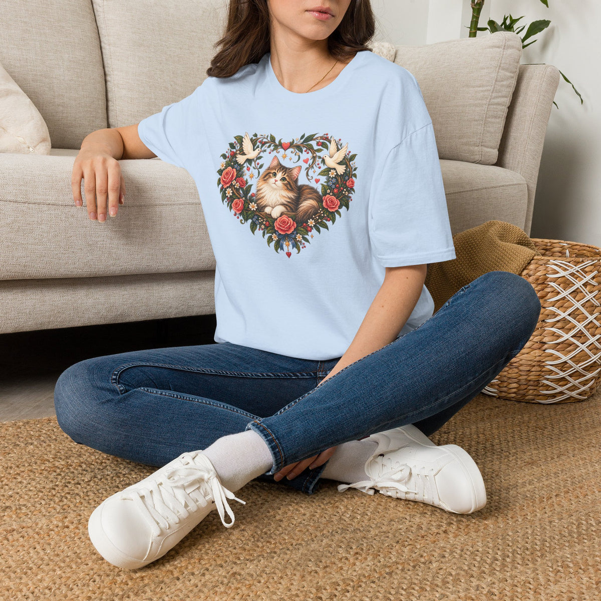 Cat Heart Floral T-Shirt — Vintage Rose & Dove Kitty Tee