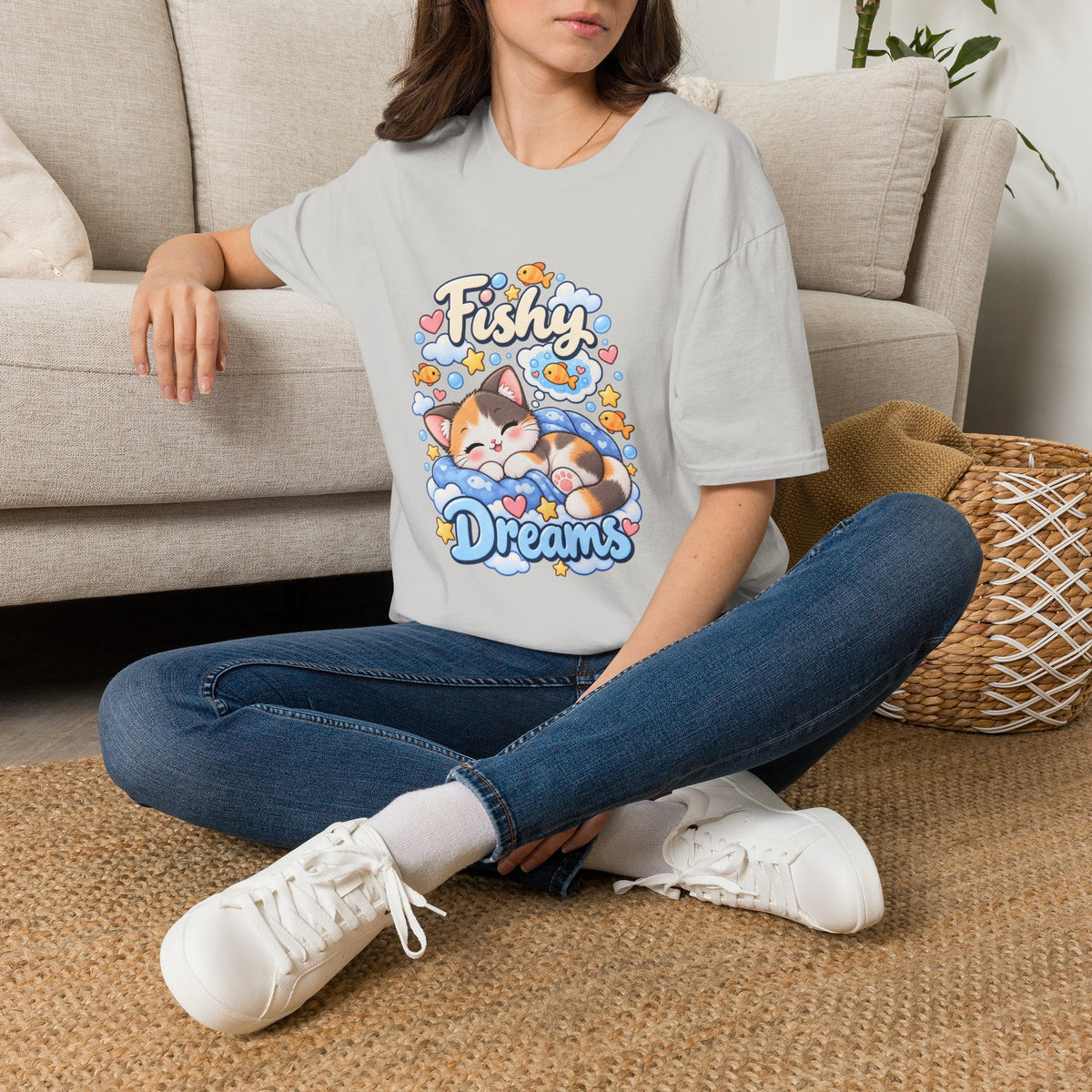 Fishy Dreams T-Shirt — Cute Cat & Goldfish Graphic Tee
